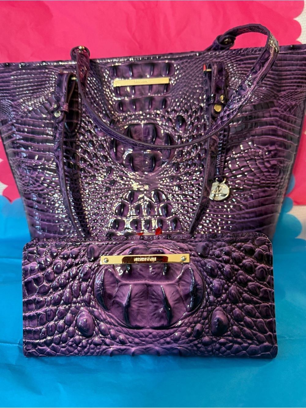 Brahmin Shiny Purple Croc-Embossed Tote with Matching Wallet